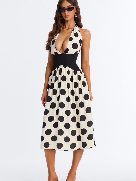 Dresses & Skirts - 🖤🤍 Fashion Nova Polka Dot Halter Corset Midi Dress – Size Large – New With Tags